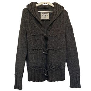 True Religion women’s L knitted cardigan charcoal patch wood buttons pockets